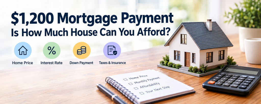 $1,200 mortgage payment home affordability calculator showing home price, interest rate, down payment, taxes and insurance