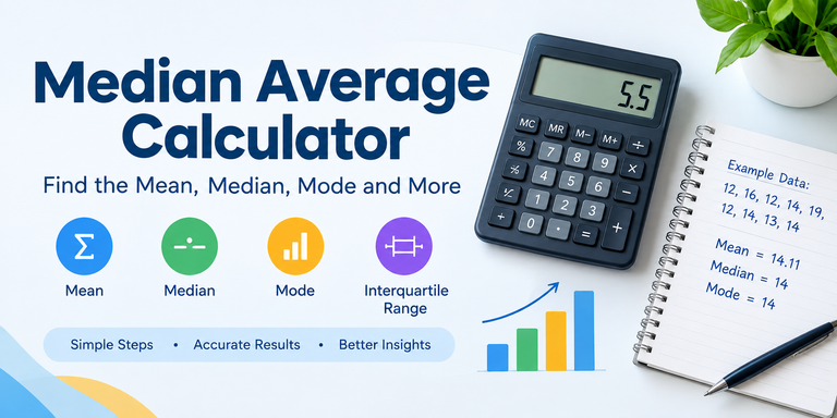 Median average calculator showing mean, median, mode, interquartile range, and example statistics calculations.